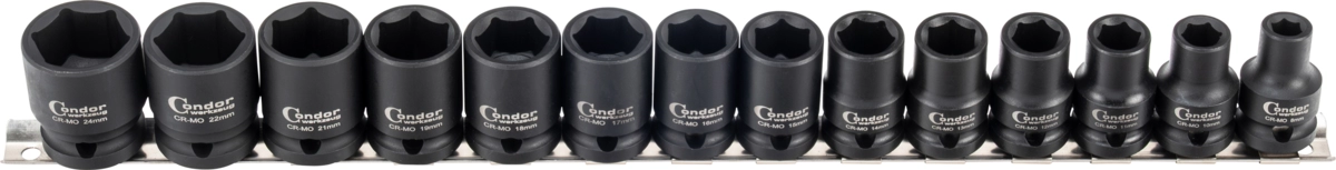 Impact Socket Set, 14 pcs., 1/2", CrMo, hex 8-24 mm
