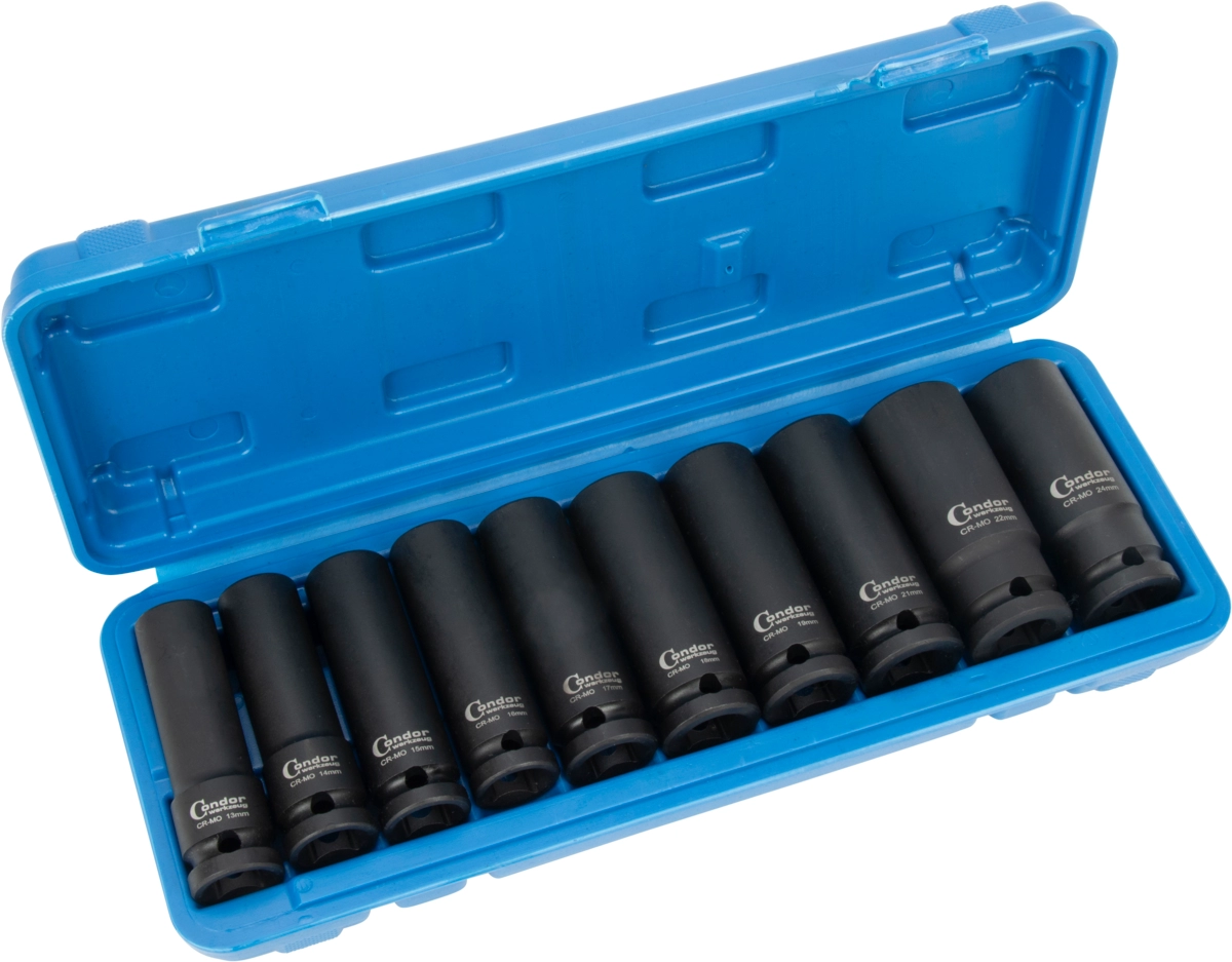 Deep Impact Socket Set, 10 pcs., 1/2", CrMo, hex 13-24 mm