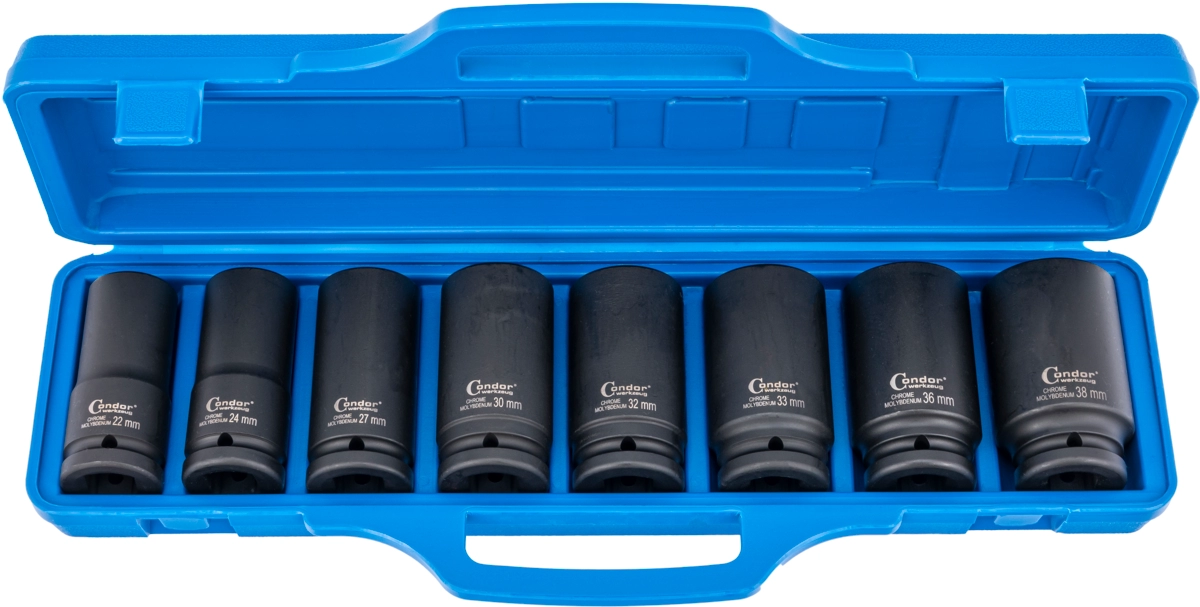 Deep Impact Socket Set, 8 pcs., 3/4", CrMo, hex 22-38 mm