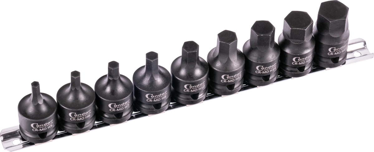 Impact Socket Bit Set, stubby, 9 pcs., 1/2", hex 5-19 mm