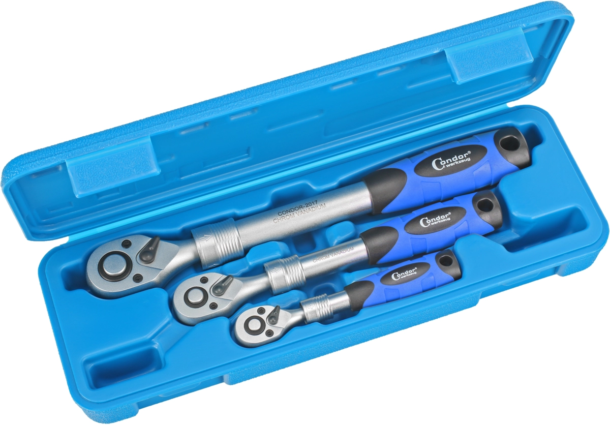 Teleskopisk Reversibelt Spärrhandtag Set, 3 delar., 1/4 + 3/8 + 1/2"