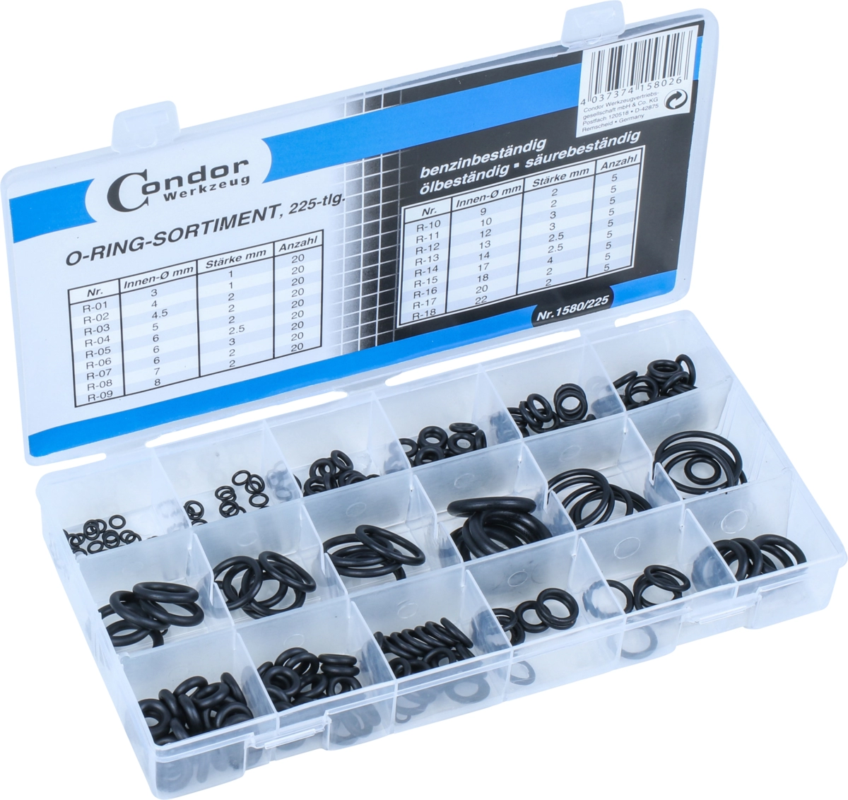 Assortimento O-Ring, 225 pezzi, Ø interno 3-22 mm
