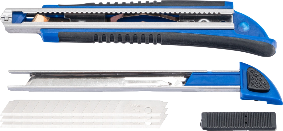 Couteau universel, guide lame métal, manche 2 composants, 9 mm