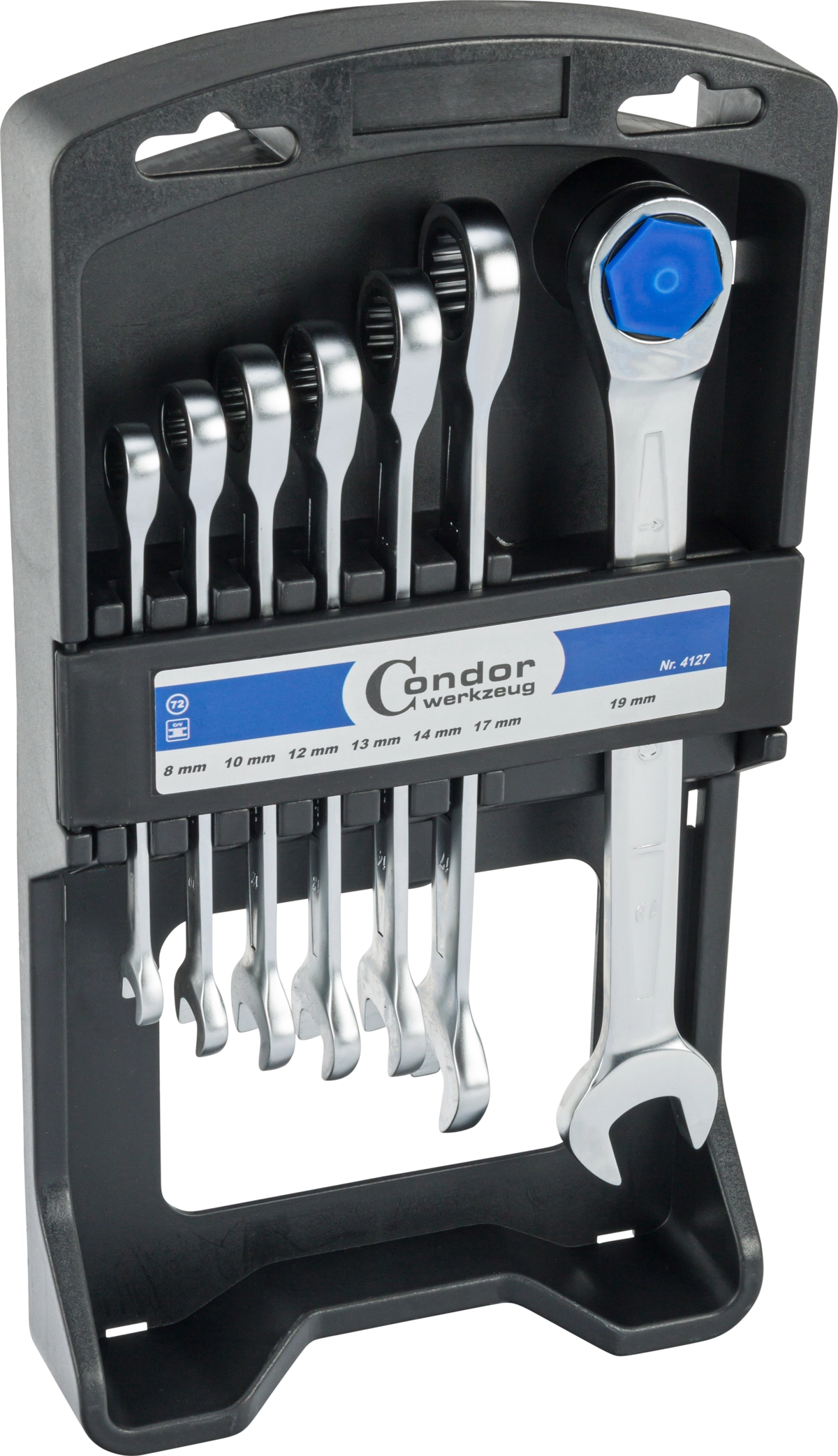Ratchet Spanner Set, display rack, 7 pcs., 8-19 mm