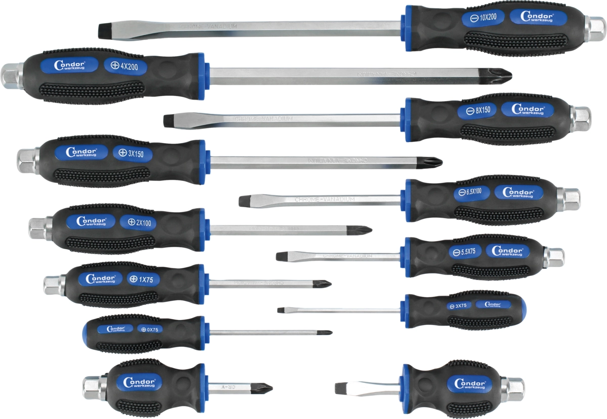 Screwdriver Set, 12 pcs., go-through blade, plain + cross slot