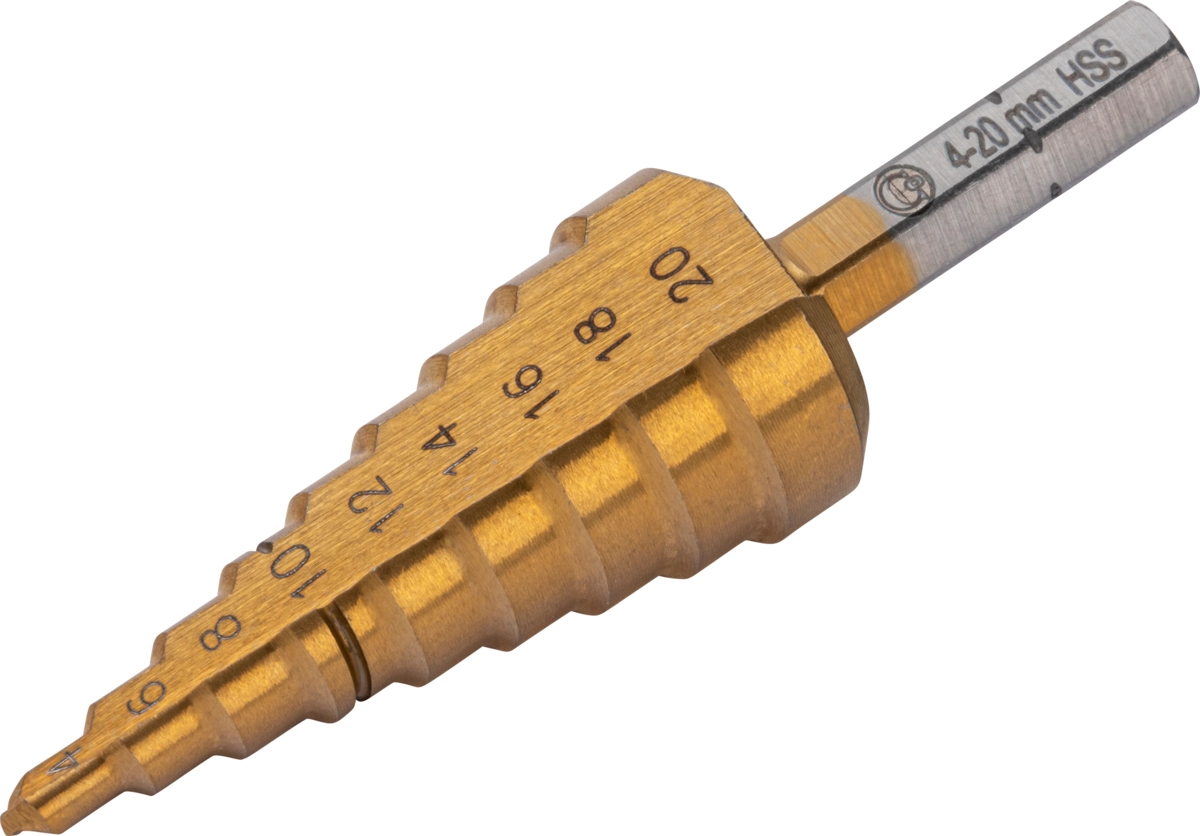 Stufenbohrer-Bit, mit Entgrater, HSS, titannitriert, 4-20 mm