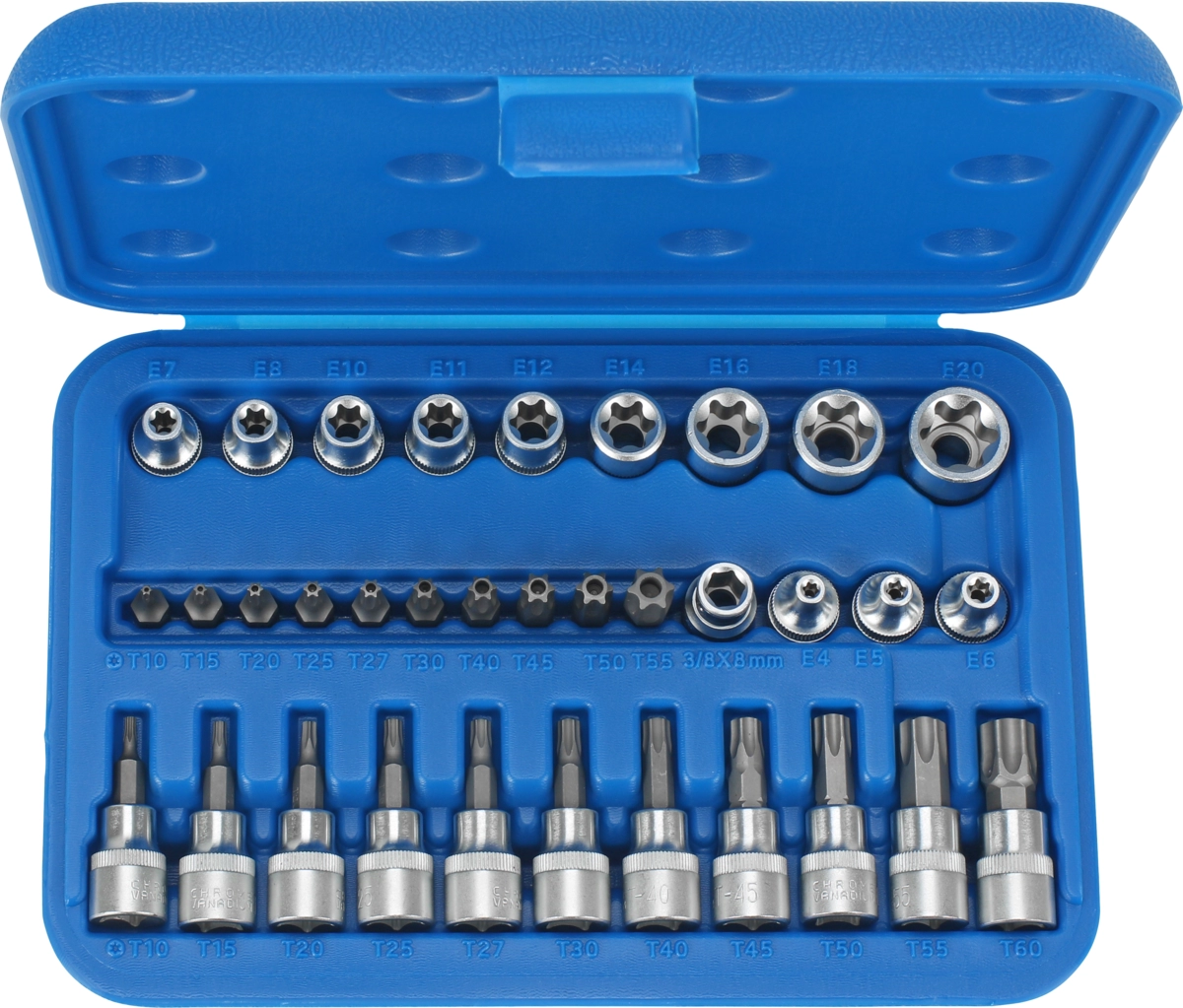 Steckschlüssel-Satz, 34-tlg., 3/8", T-Profil + E-Profil