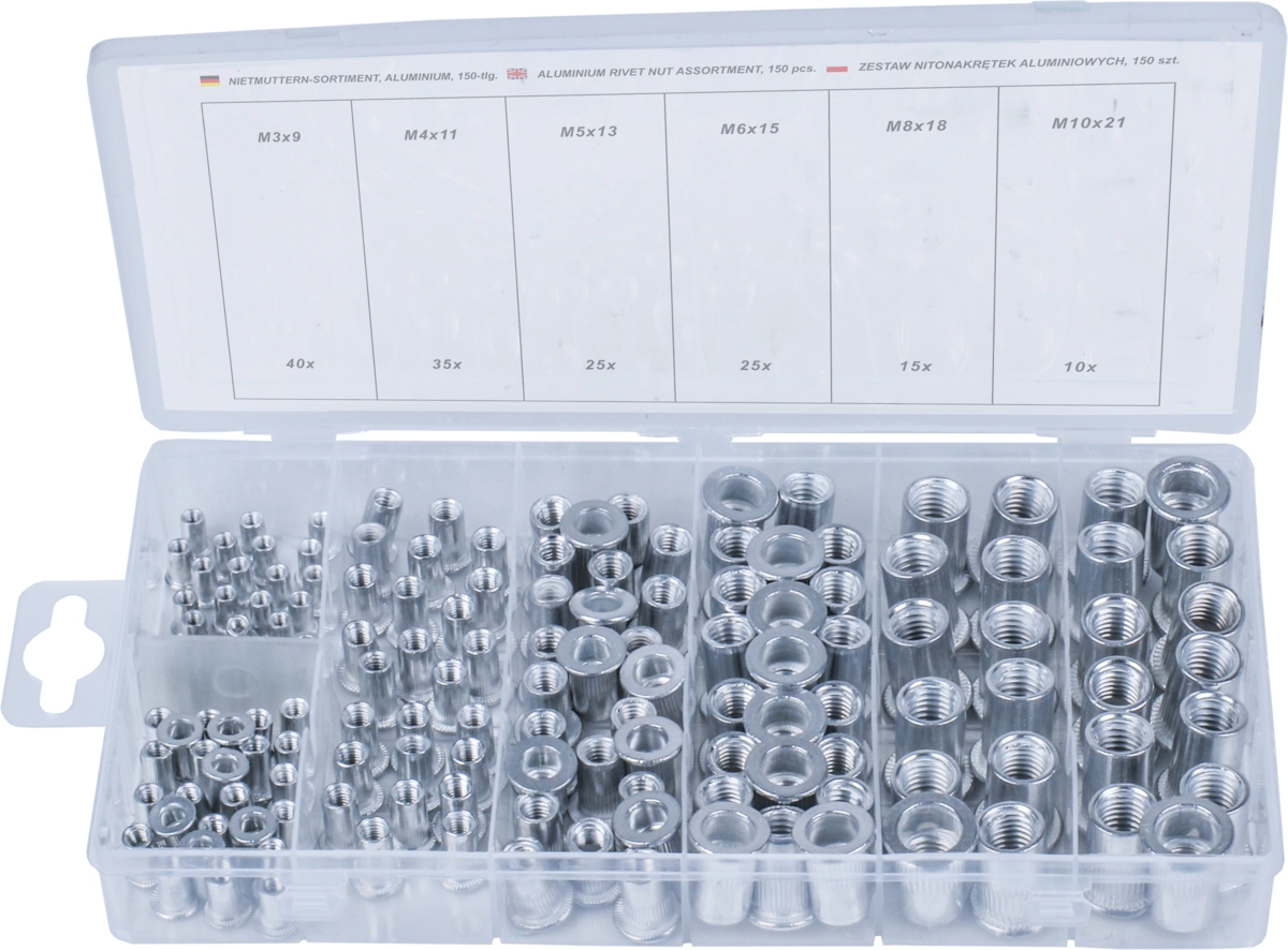 Assortimento dadi per rivetti in alluminio, 150 pezzi