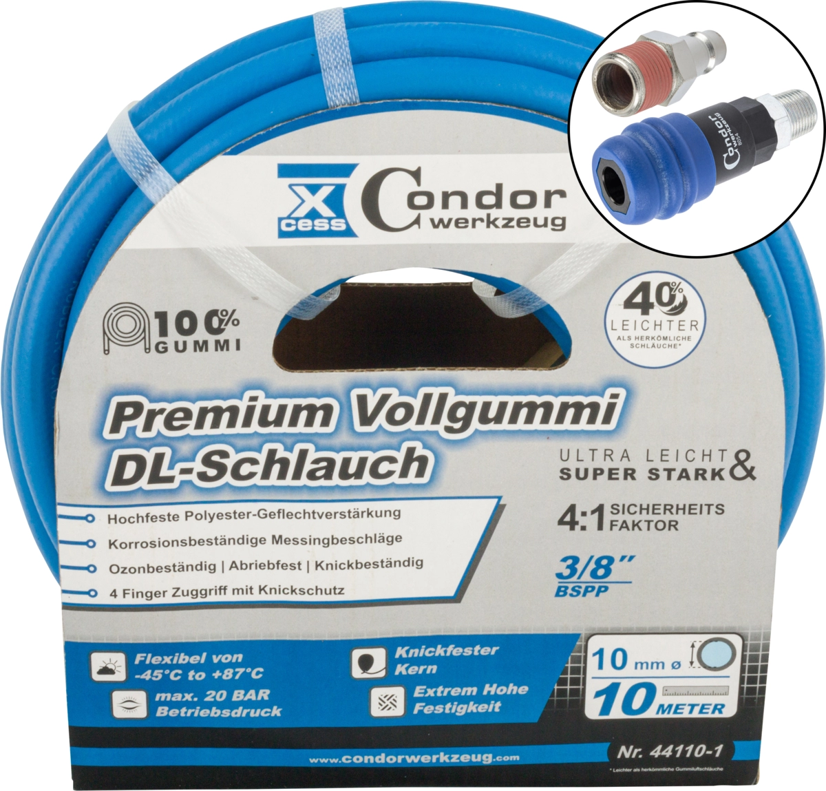 Druckluft-Schlauch, High-End-Voll-Gummi, ø 10 mm x 10 m, 2-Stufen-Kupplung