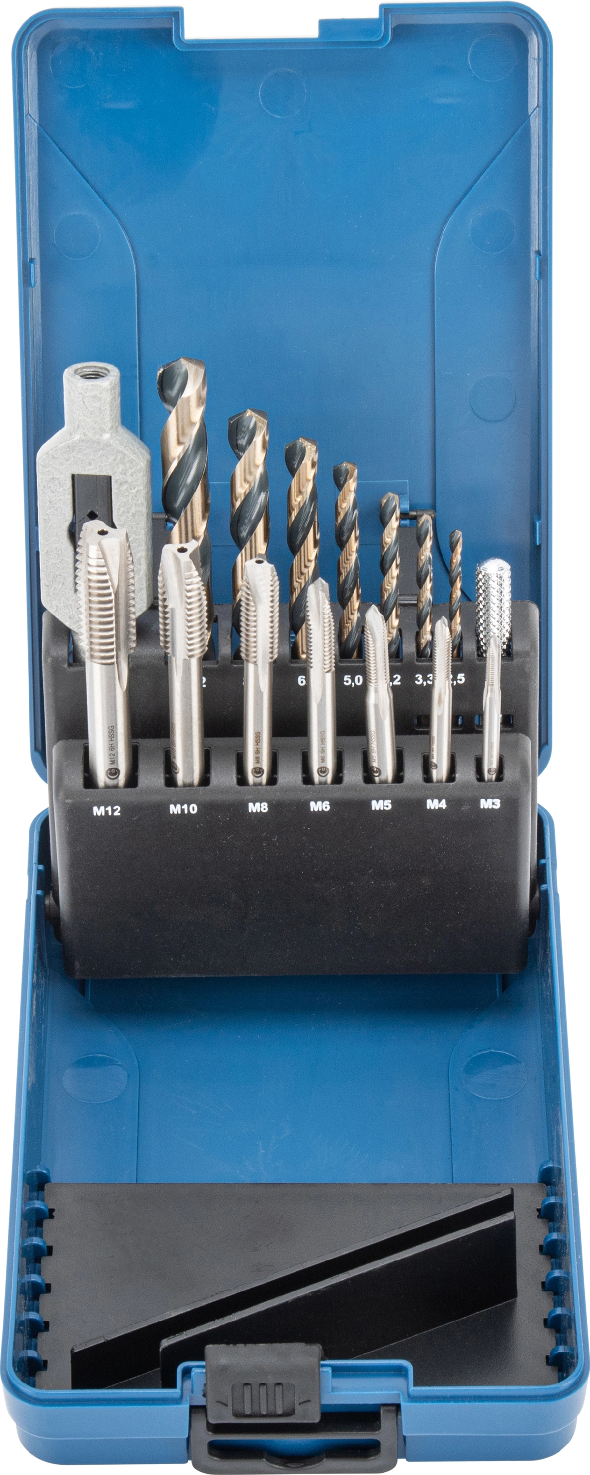 Einschnittgewinde- und Spiralbohrer, 15-tlg., HSS-G, M3-M12 / 2.5-10.2 mm
