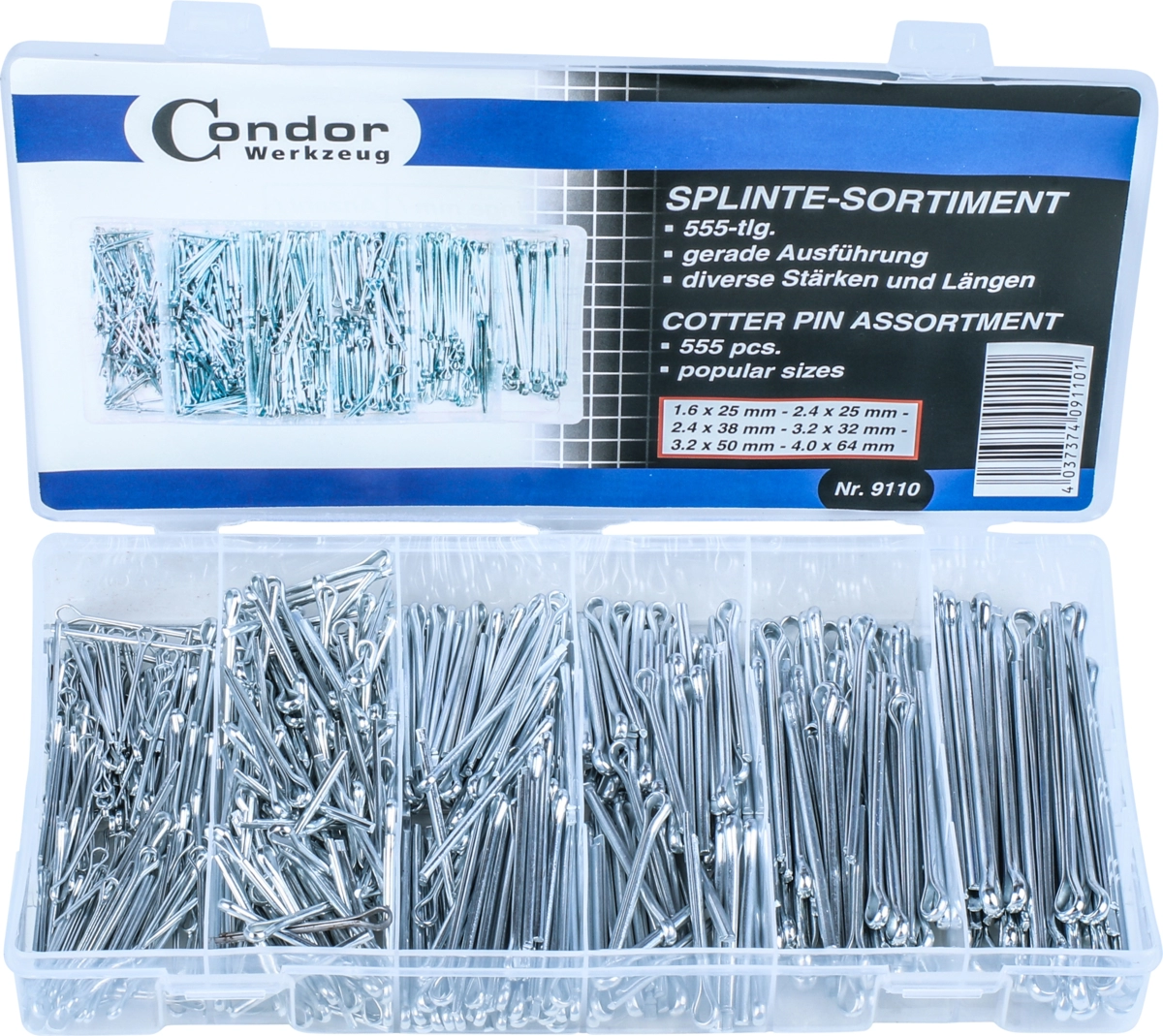 Cotter Pin Assortment, 555 pcs., straight