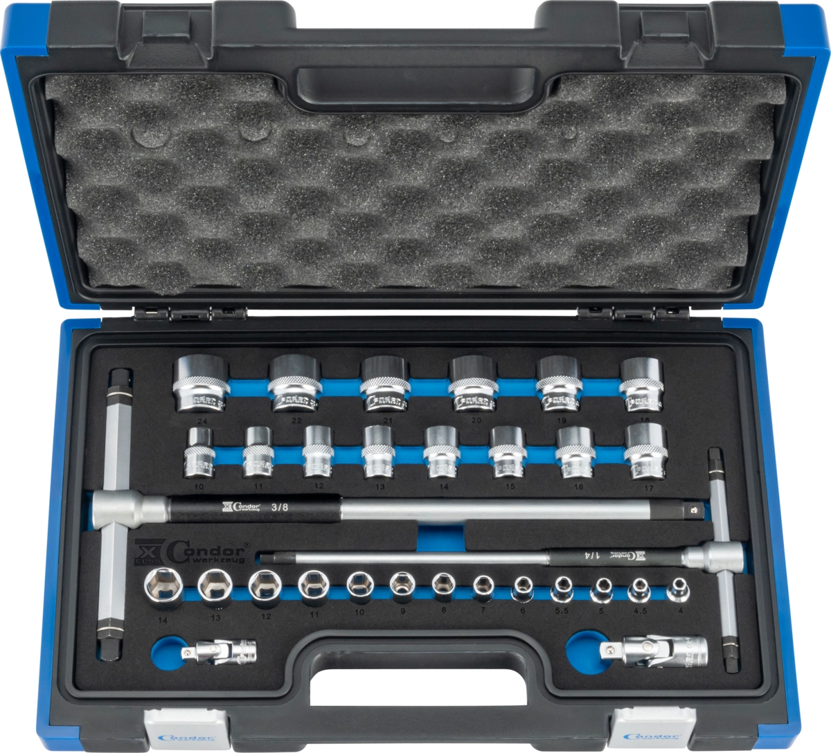 3-Wege T-Griff Steckschlüssel-Satz, 31-tlg., 1/4+3/8", 6-kant 4-24 mm