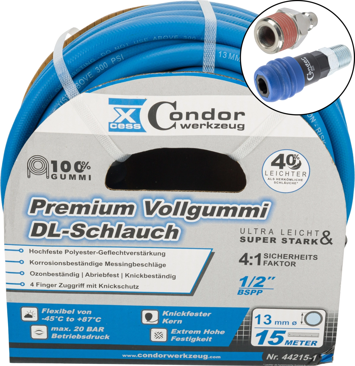 Druckluft-Schlauch, High-End-Voll-Gummi, ø 13 mm x 15 m, 2-Stufen-Kupplung