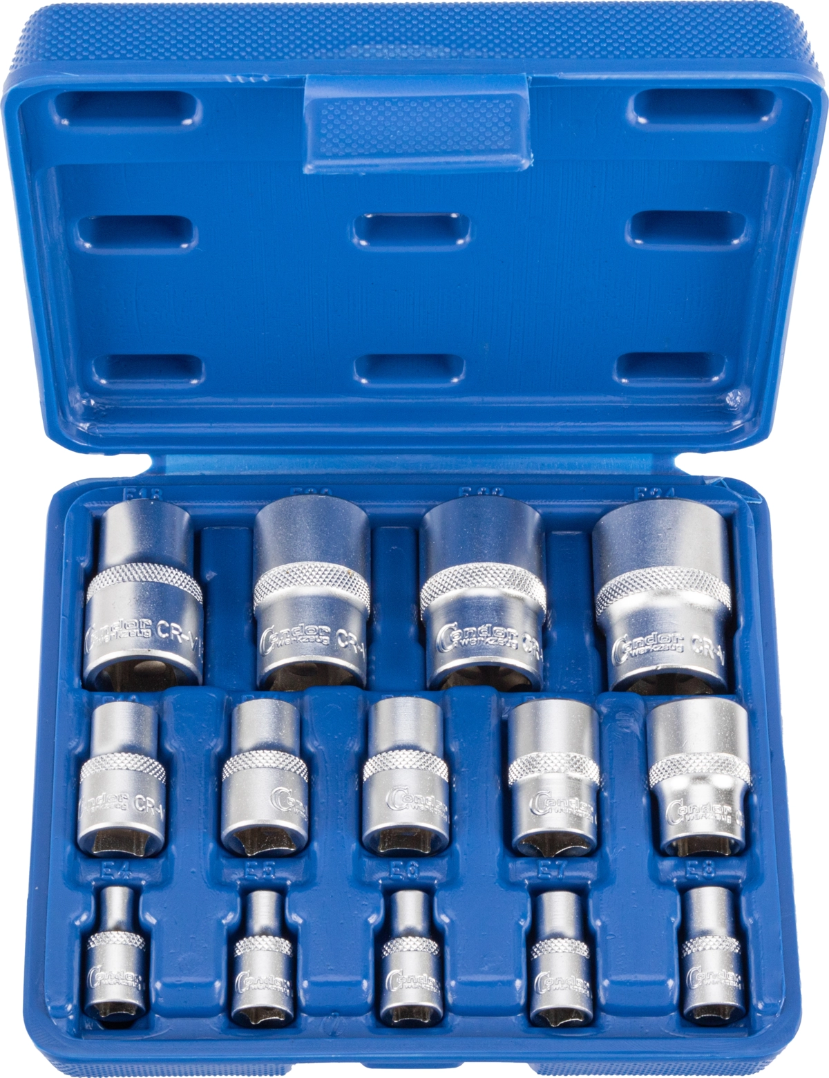 Steckschlüssel-Einsätze, 14-tlg., 1/4+3/8+1/2", E-Profil E4-24