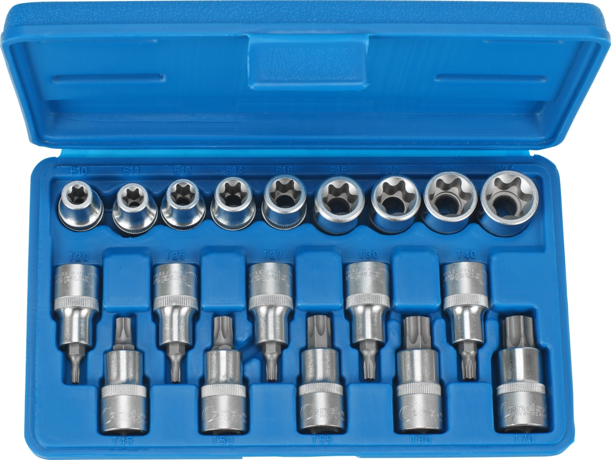 Inserts de clé à douille, 19 pièces, 1/2 ", profil en T SLB / profil E