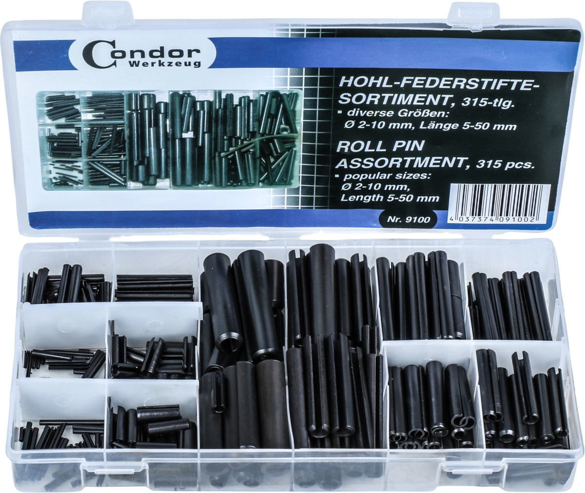 Assortiment de goupilles à ressort creuses, 315 pièces, ø 2-10 mm, 5-50 mm de long