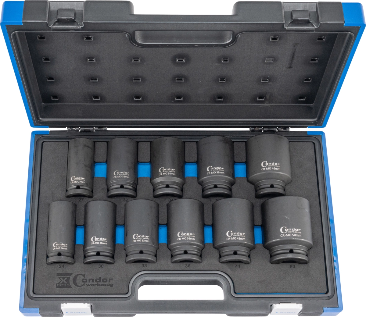 Deep Impact Socket Set, 11 pcs., 3/4", CrMo, deep, hex 24-50 mm
