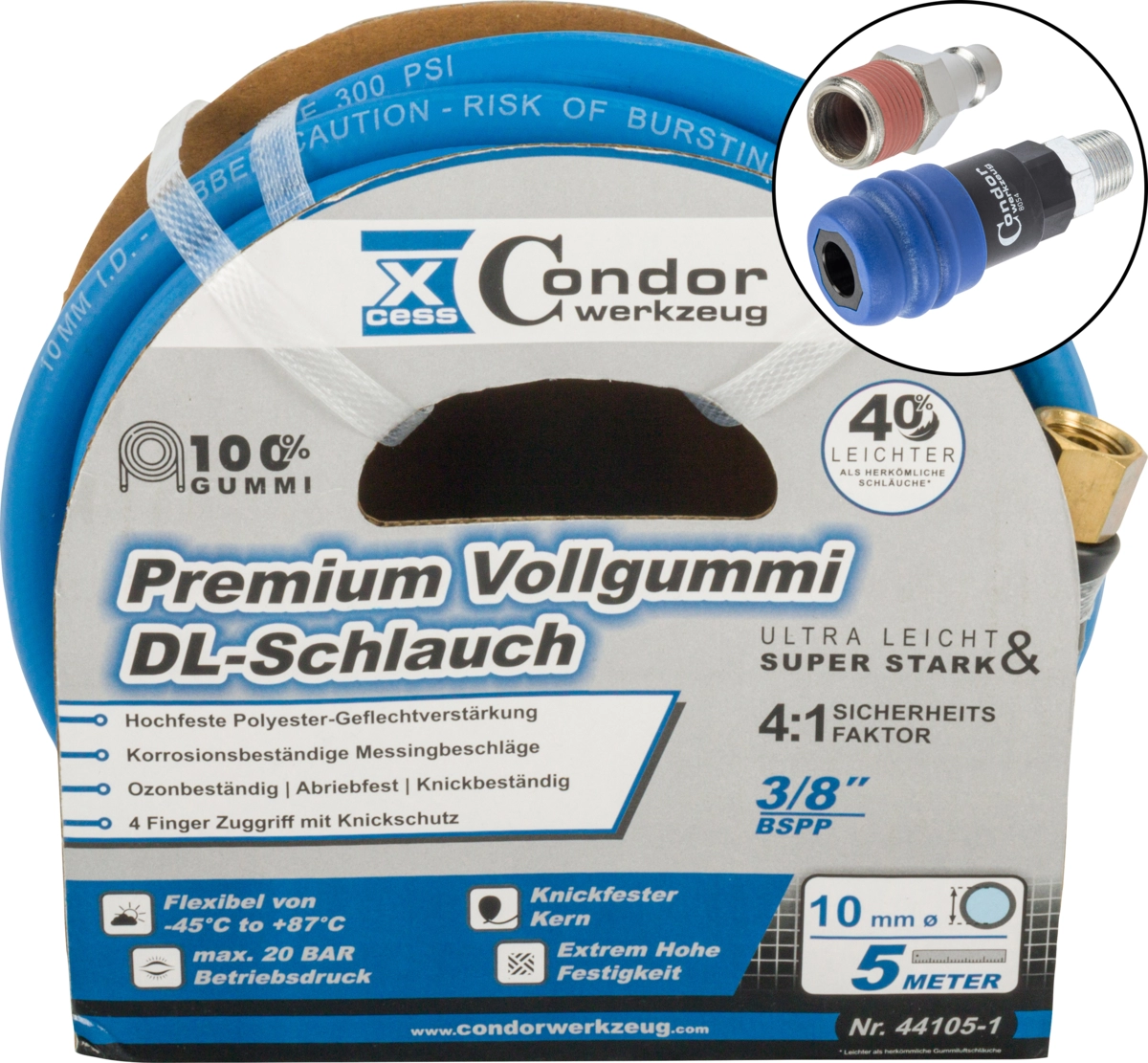Air Hose, high-end rubber, ø 10 mm x 5 m, with 2-step coupler