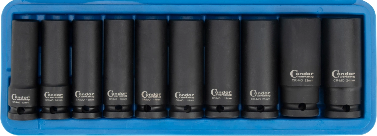 Deep Impact Socket Set, 10 pcs., 1/2", CrMo, hex 13-24 mm