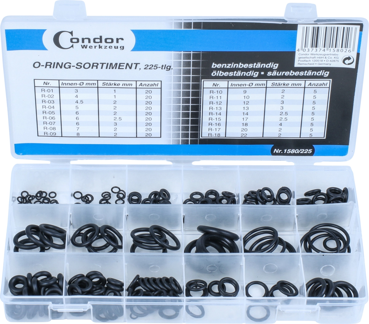 Assortimento O-Ring, 225 pezzi, Ø interno 3-22 mm