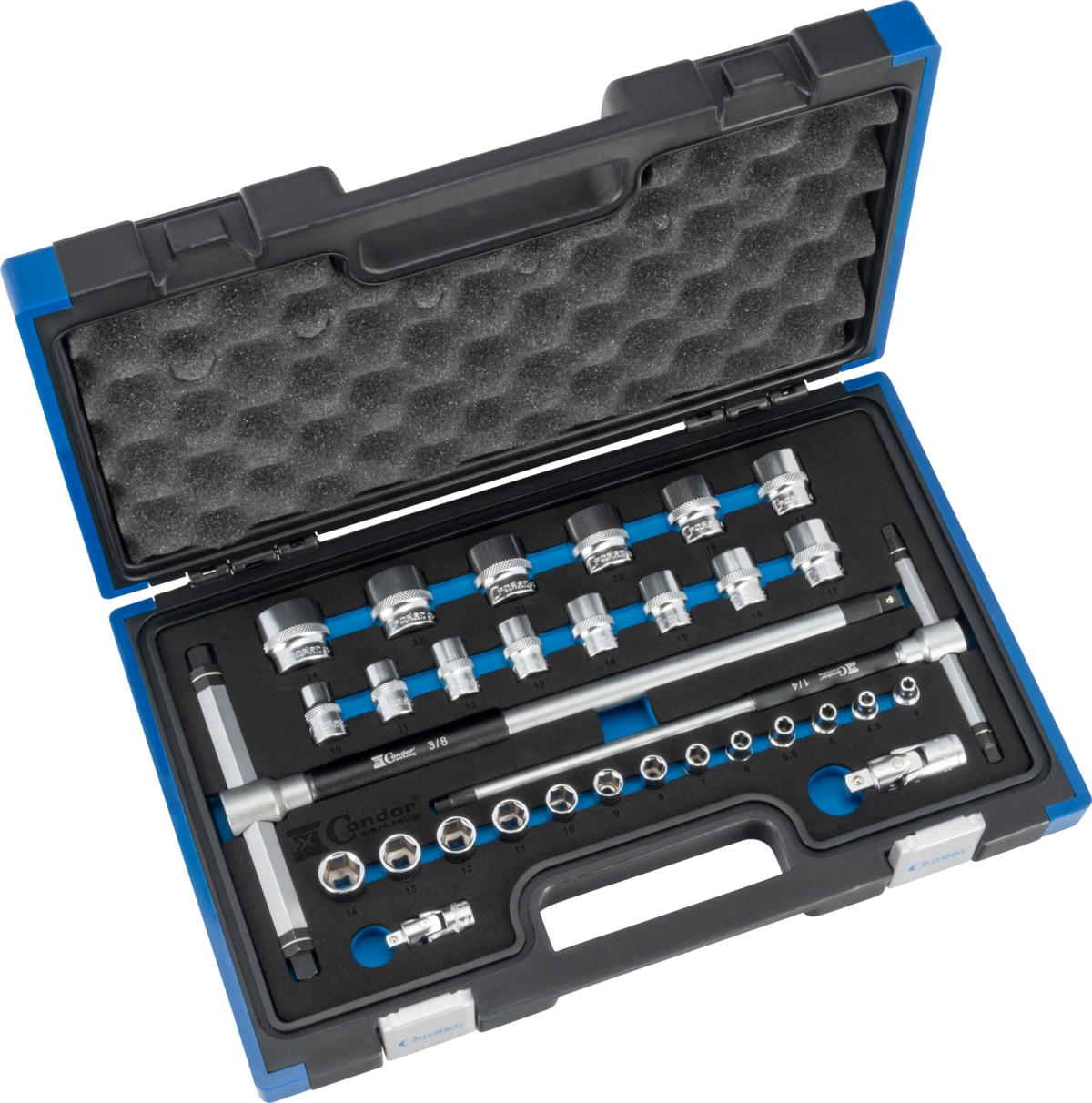 3-Wege T-Griff Steckschlüssel-Satz, 31-tlg., 1/4+3/8", 6-kant 4-24 mm