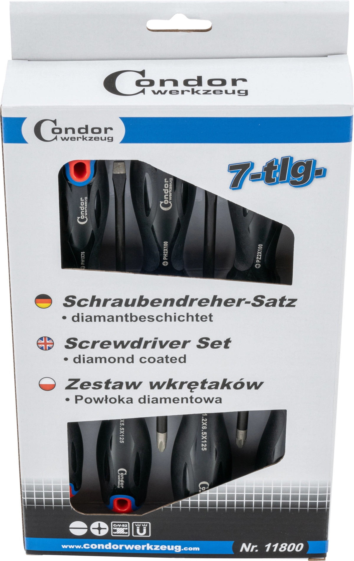 Screwdriver Set, diamond coated, 7 pcs., plain slot + PH + PZ