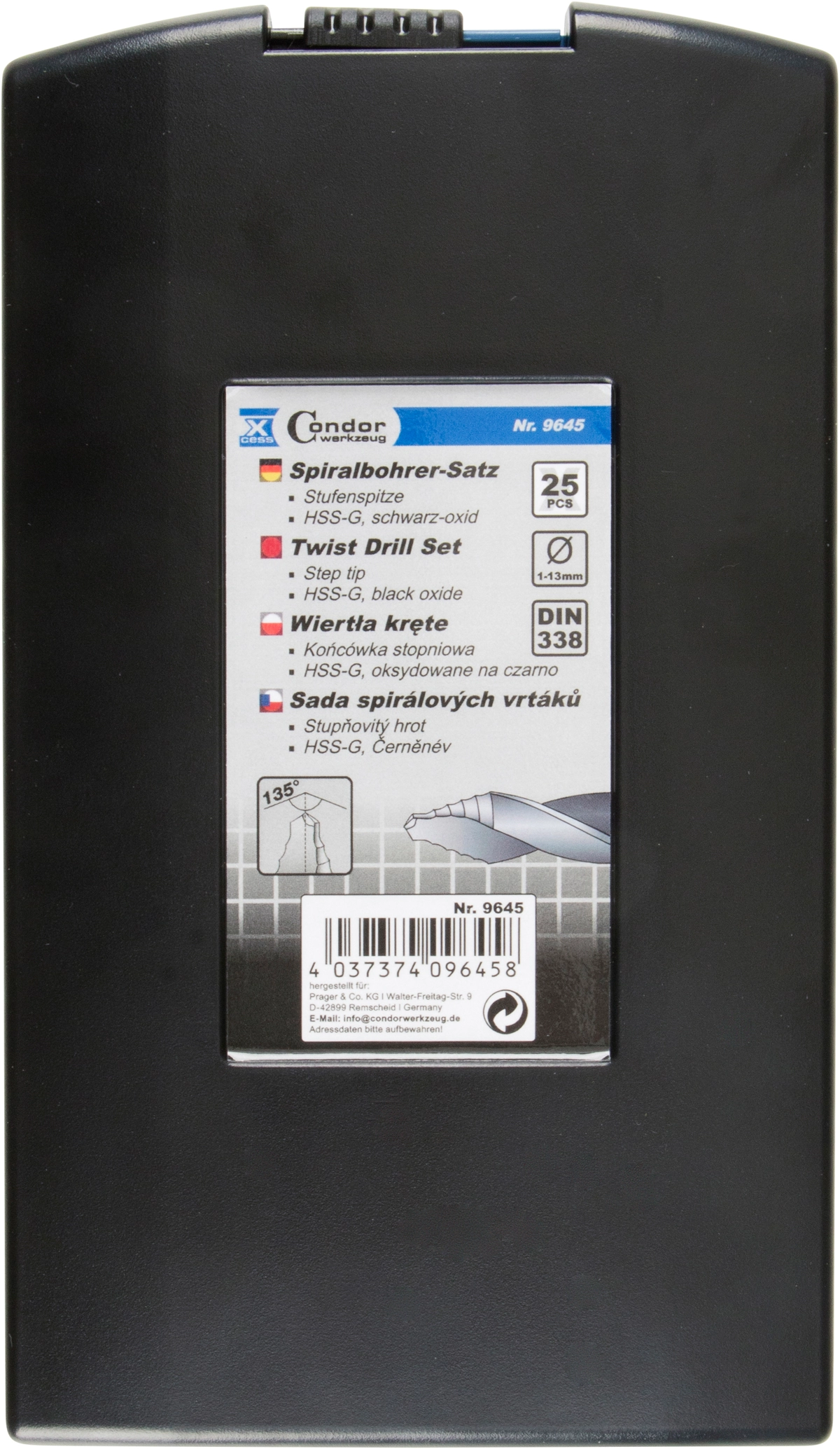 Spiralbohrer-Satz, Stufenspitze, HSS-G schwarz-oxid, 25-tlg., 1-13 mm