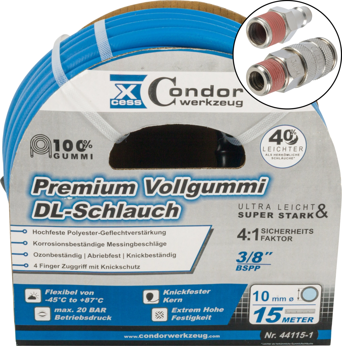 Druckluft-Schlauch, High-End-Voll-Gummi, ø 10 mm x 15 m, Schnell-Kupplung