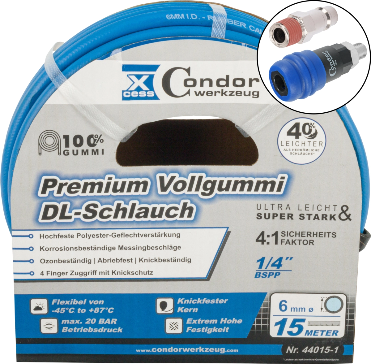 Air Hose, high-end rubber, ø 6 mm x 15 m, with 2-step coupler