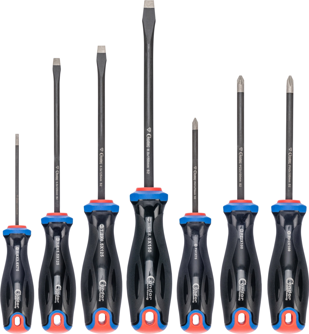 Screwdriver Set, diamond coated, 7 pcs., plain slot + PH + PZ