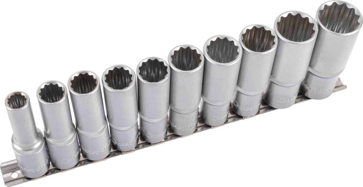 Steckschlüssel-Einsätze, 10-tlg., 1/2", tief, 12-kant 10-24 mm