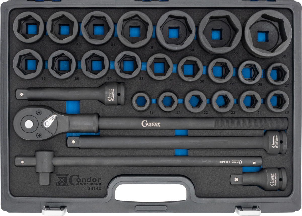 Impact Socket Set, 27 pcs., 3/4", CrMo, hex 19-60 mm