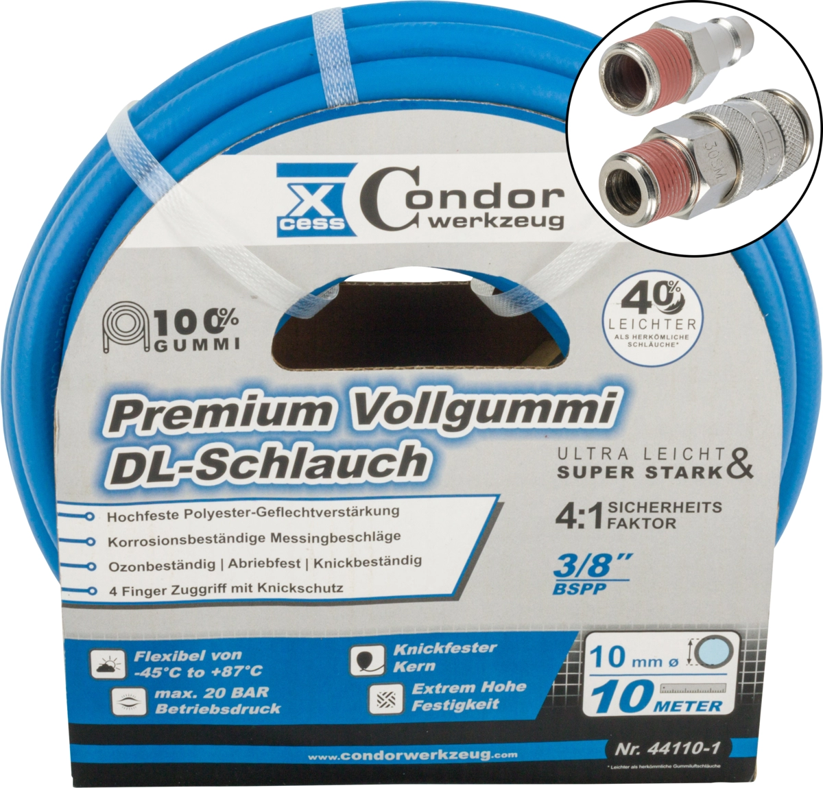Druckluft-Schlauch, High-End-Voll-Gummi, ø 10 mm x 10 m, Schnell-Kupplung