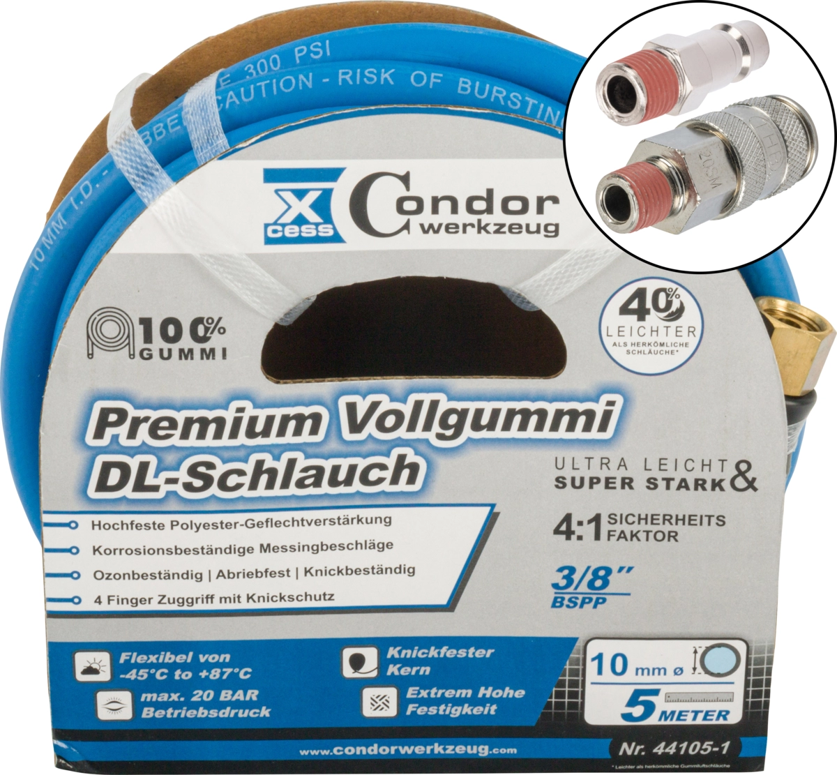 Druckluft-Schlauch, High-End-Voll-Gummi, ø 10 mm x 5 m, Schnell-Kupplung