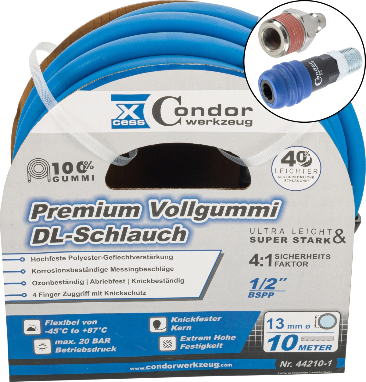 Druckluft-Schlauch, High-End-Voll-Gummi, ø 13 mm x 10 m, 2-Stufen-Kupplung