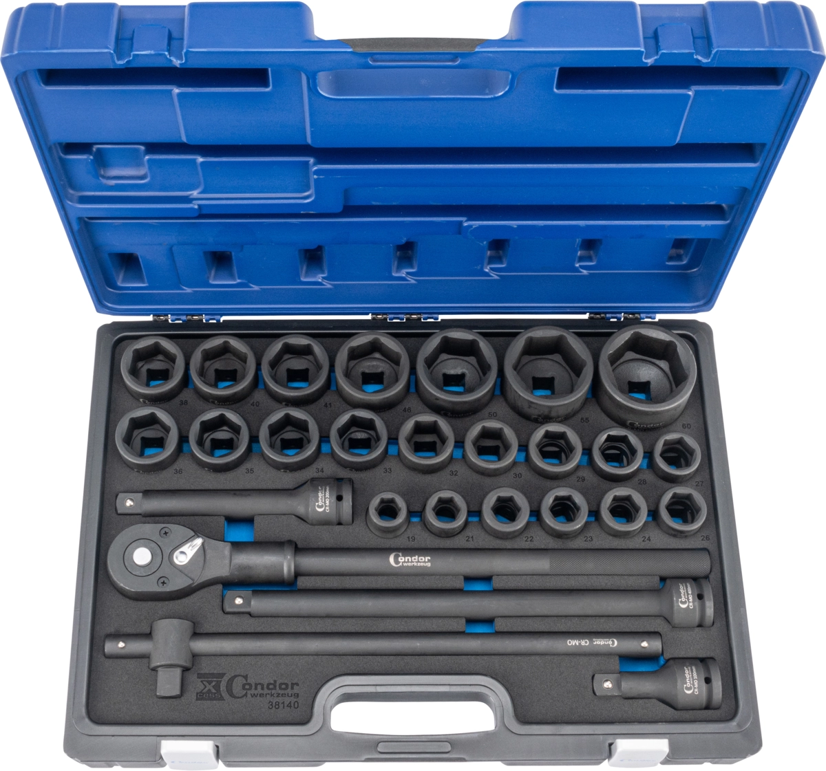 Impact Socket Set, 27 pcs., 3/4", CrMo, hex 19-60 mm