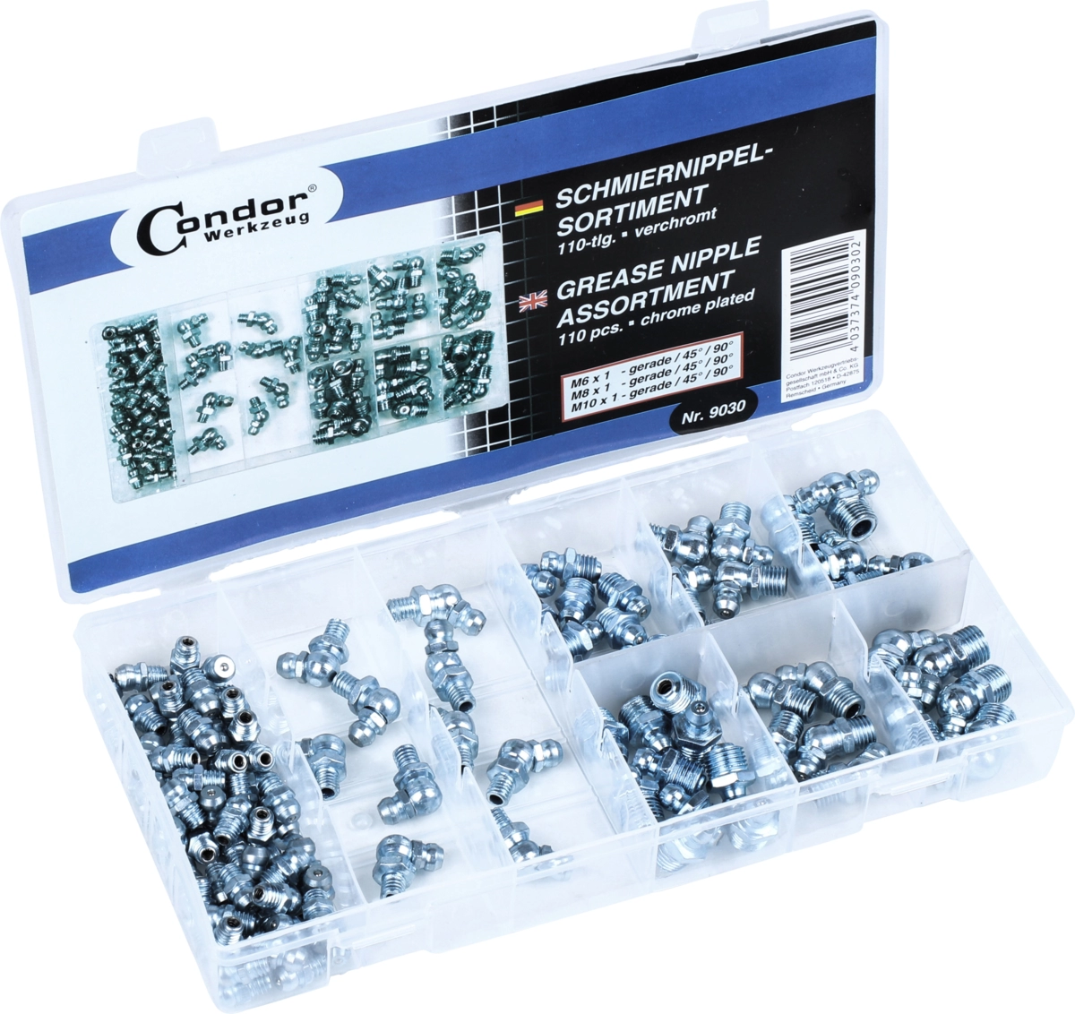 Grease Nipple Assortment, 110 pcs., 9 sizes