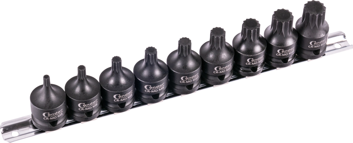 Impact Socket Bit Set, stubby, 9 pcs., 1/2", spline M5-18