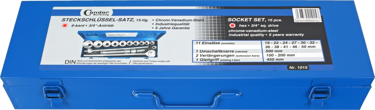 Socket Set, 15 pcs., 3/4", hex 19-50 mm