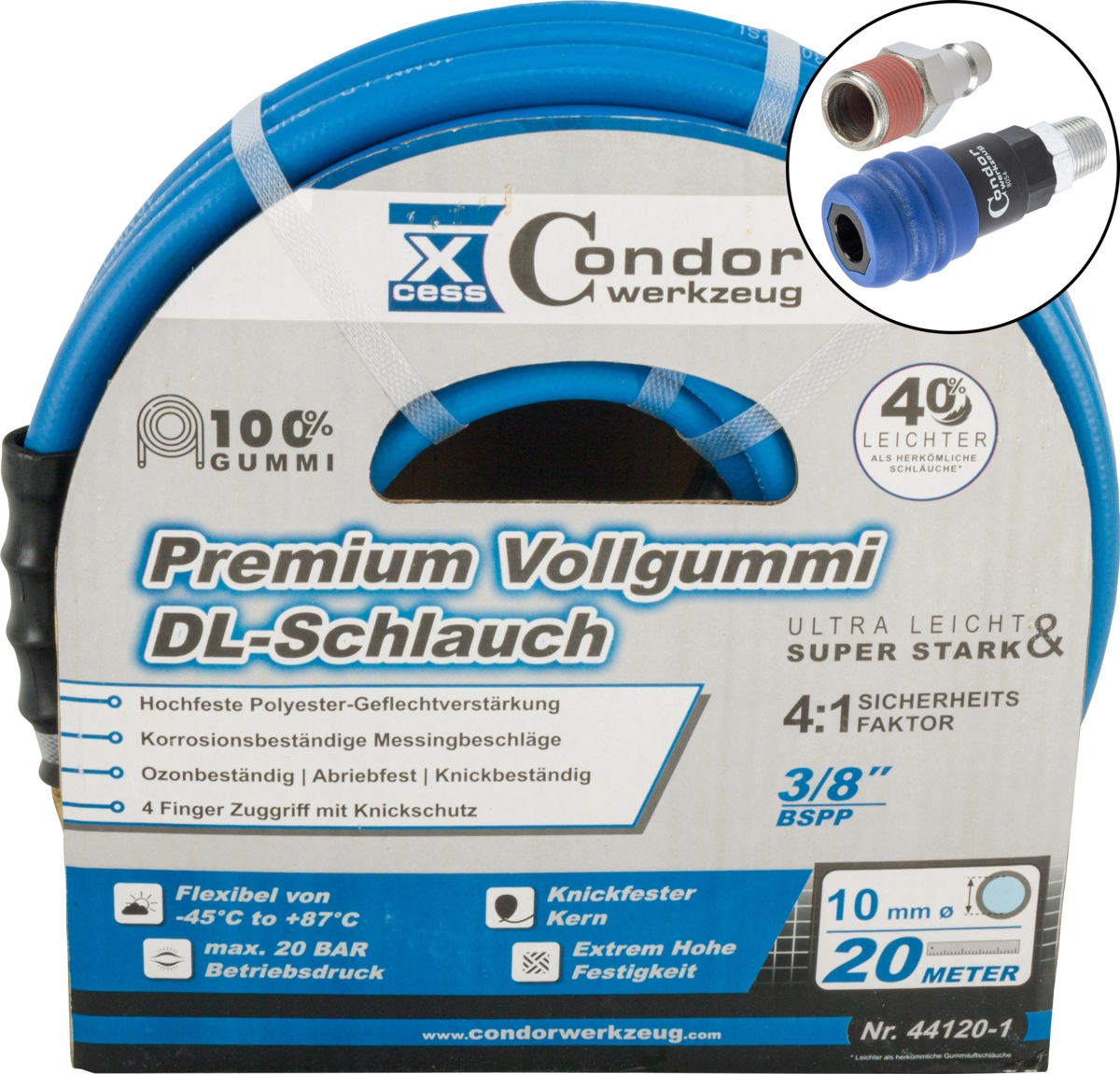 Air Hose, high-end rubber, ø 10 mm x 20 m, with 2-step coupler