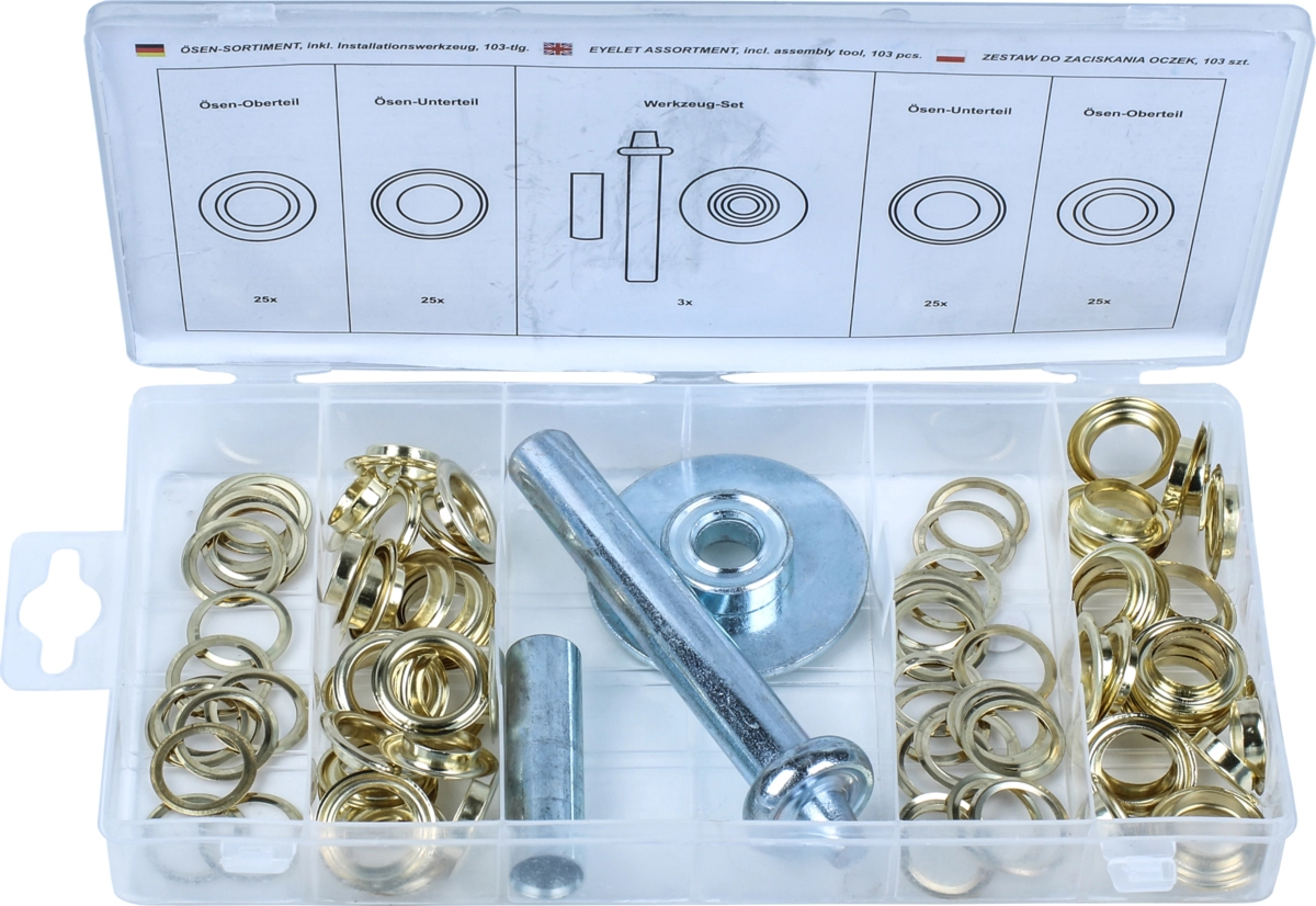Assortimento occhielli con utensile per montaggio, 103 pezzi
