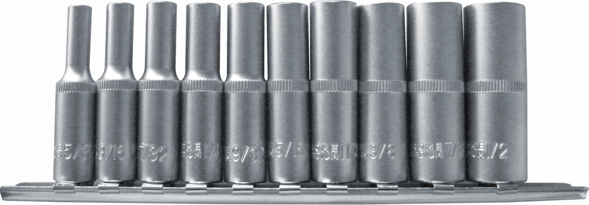 Socket Set, 10 pcs., 1/4", deep, hex inch 5/32-1/2"