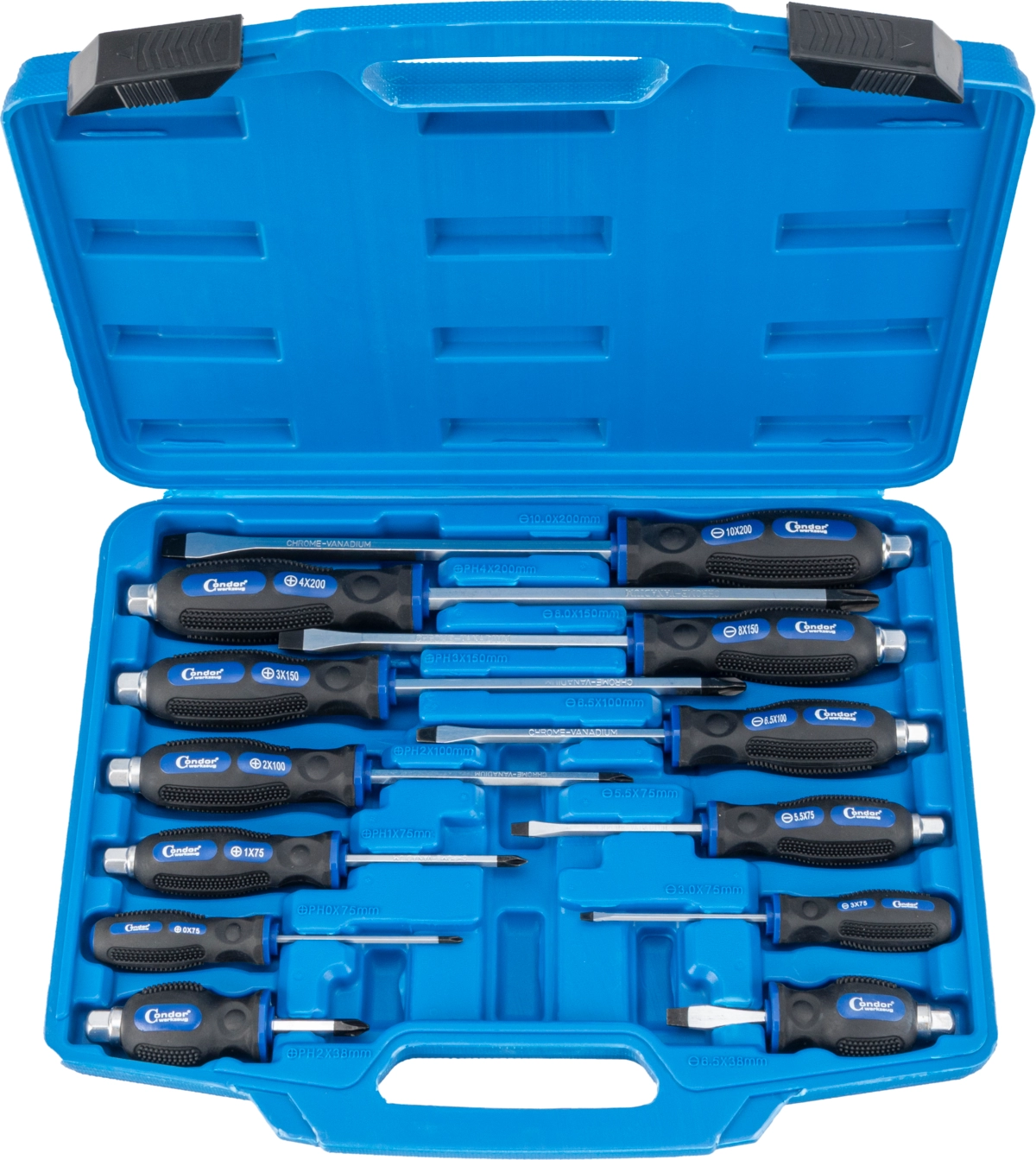 Screwdriver Set, 12 pcs., go-through blade, plain + cross slot