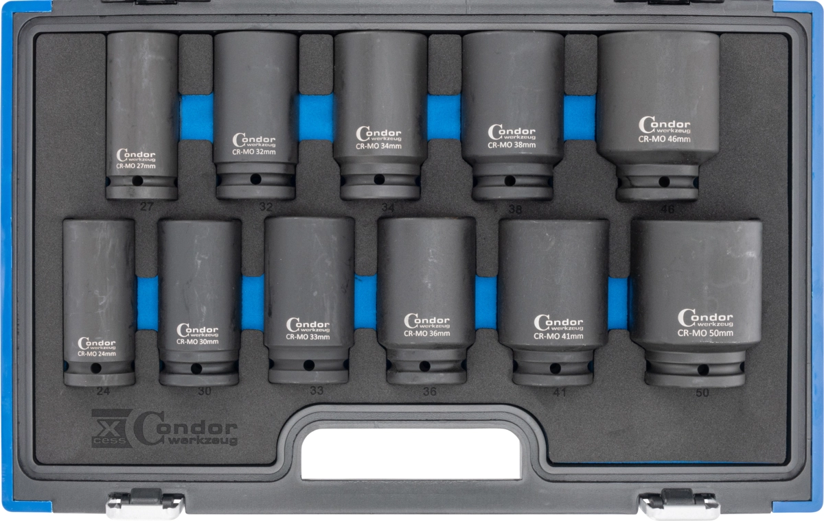Deep Impact Socket Set, 11 pcs., 3/4", CrMo, deep, hex 24-50 mm