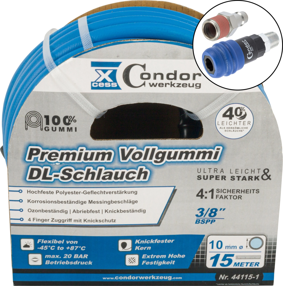 Druckluft-Schlauch, High-End-Voll-Gummi, ø 10 mm x 15 m, 2-Stufen-Kupplung