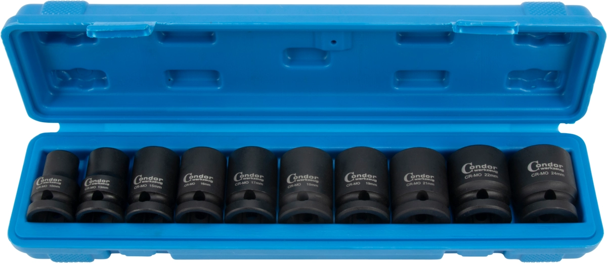 Impact Socket Set, 10 pcs., 1/2", CrMo, hex 10-24 mm
