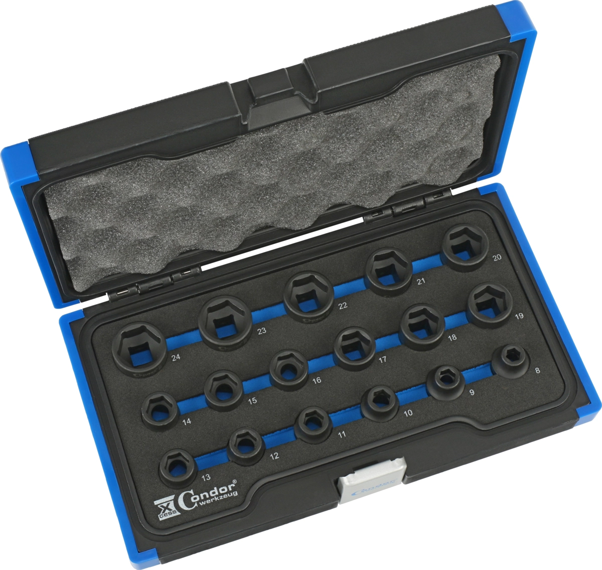 Kraftsteckschlüssel-Satz, extra kurz, 17-tlg., CrMo, 1/2", 6-kant 8-24 mm