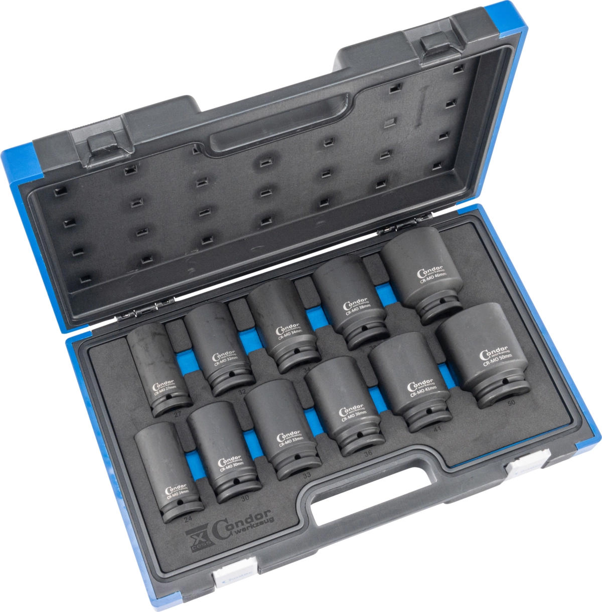 Deep Impact Socket Set, 11 pcs., 3/4", CrMo, deep, hex 24-50 mm