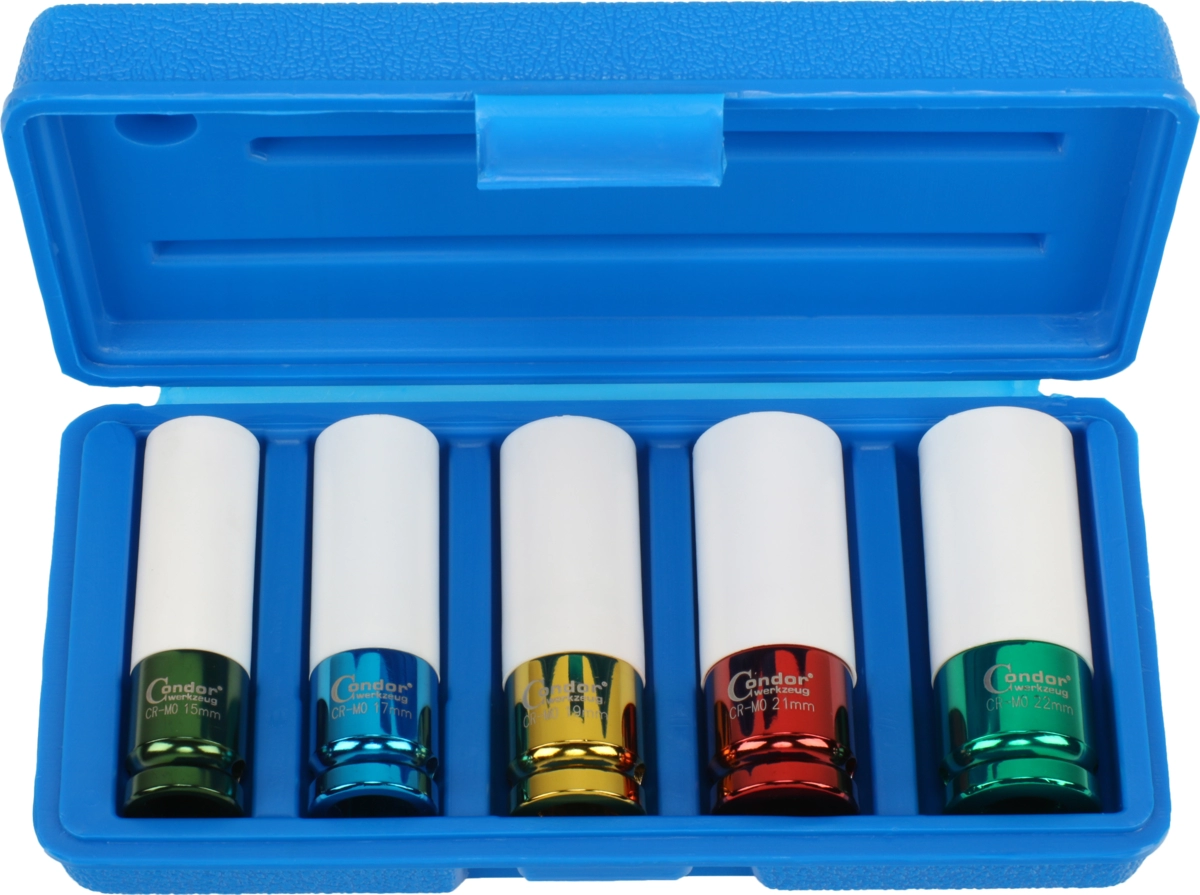 Radmuttern-Einsätze, 5-tlg., 1/2", 85 mm, CrMo, 6-kant 15-22 mm