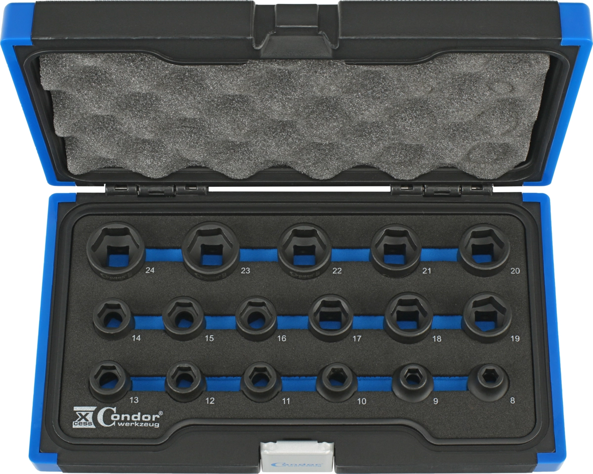 Kraftsteckschlüssel-Satz, extra kurz, 17-tlg., CrMo, 1/2", 6-kant 8-24 mm